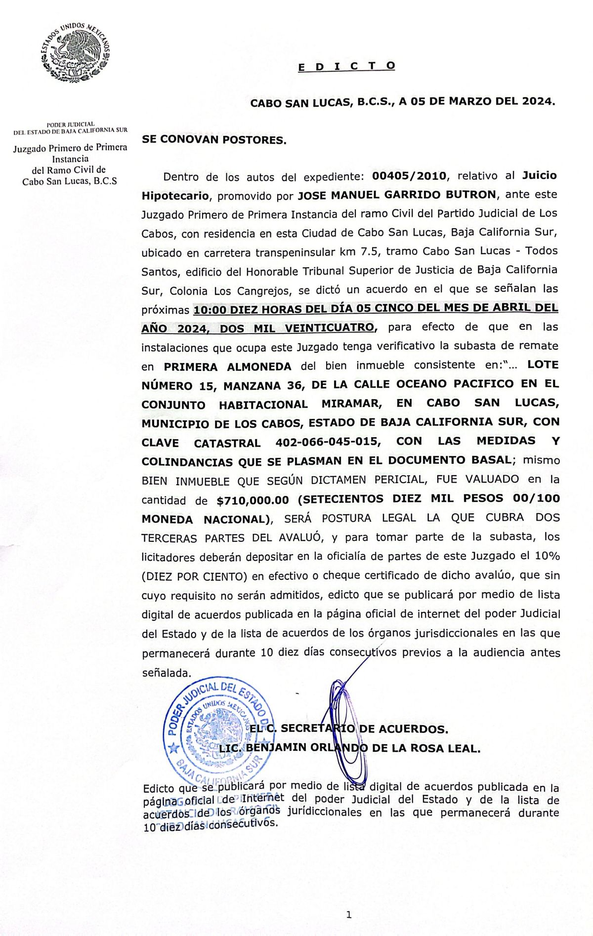 Edicto 00405/2010