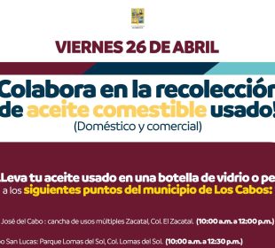 El próximo viernes 26 de abril te invitamos a depositar el aceite comestible usado en los contenedores de Cultura del Agua