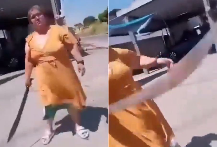 (VIDEO) Mujer amenaza con machete a trabajadores de luz en Tabasco; se cae y lesiona