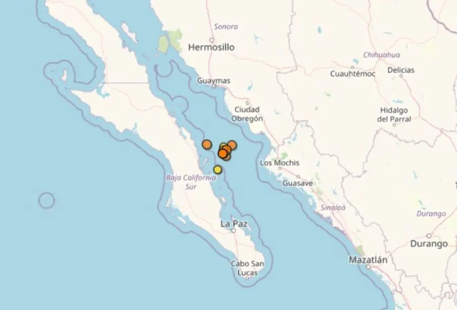 Mapa de enjambre sísmico en Loreto, BCS