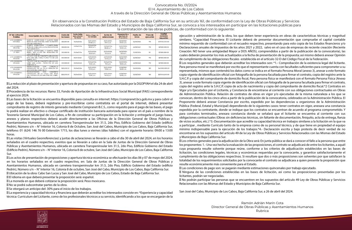 Convocatoria No. 01/2024 Ayuntamiento de Los Cabos