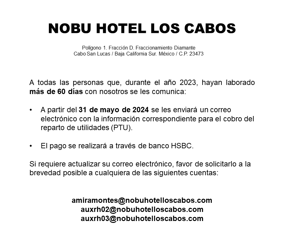 Reparto de Utilidades Nobu Hotel Los Cabos