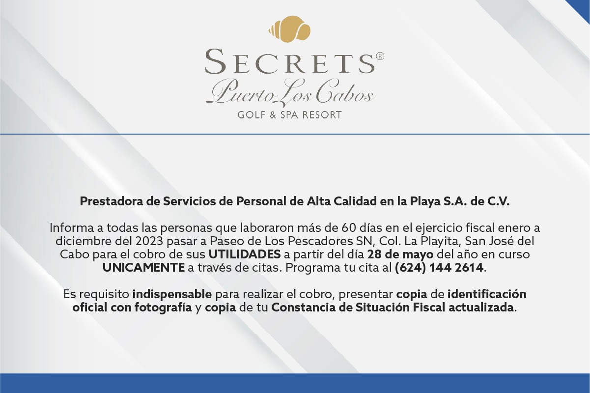 Reparto de Utlidades Secrets Puerto Los Cabos