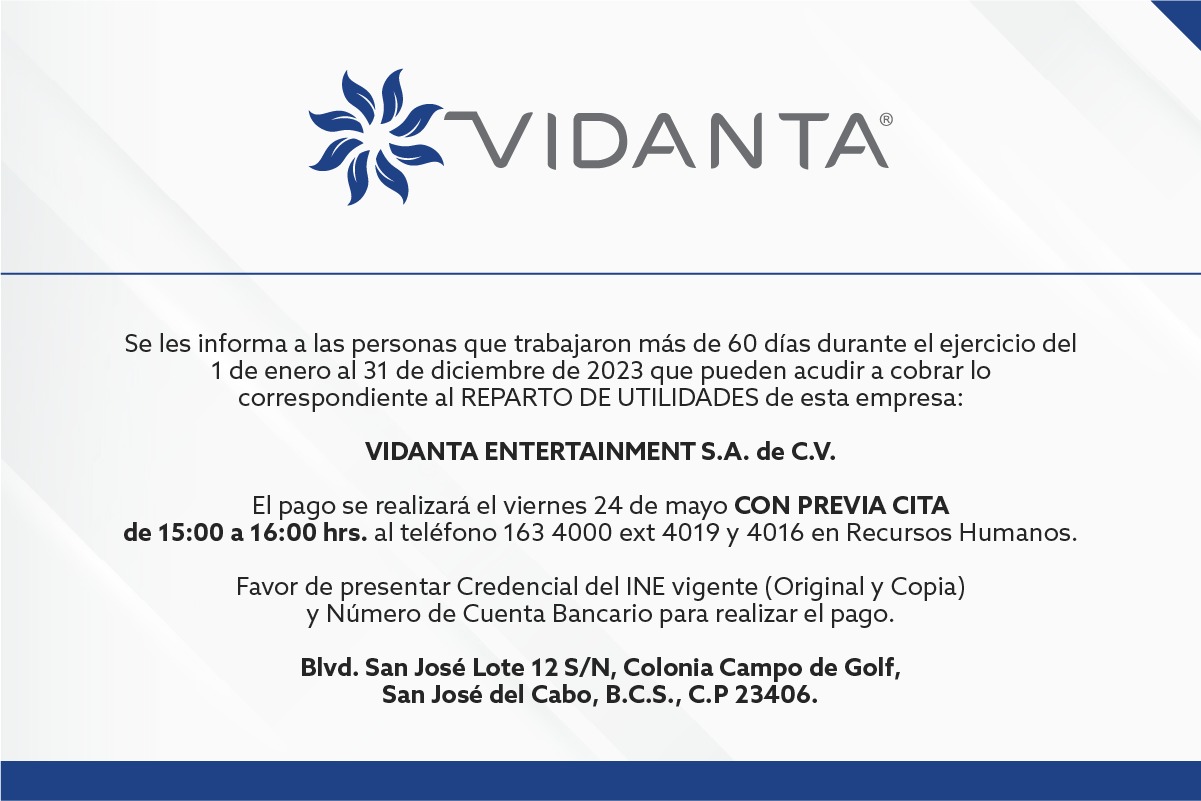 Reparto de Utilidades Vidanta Entertainment