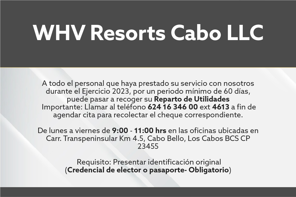 Reparto de Utilidades WHV Resorts Cabo