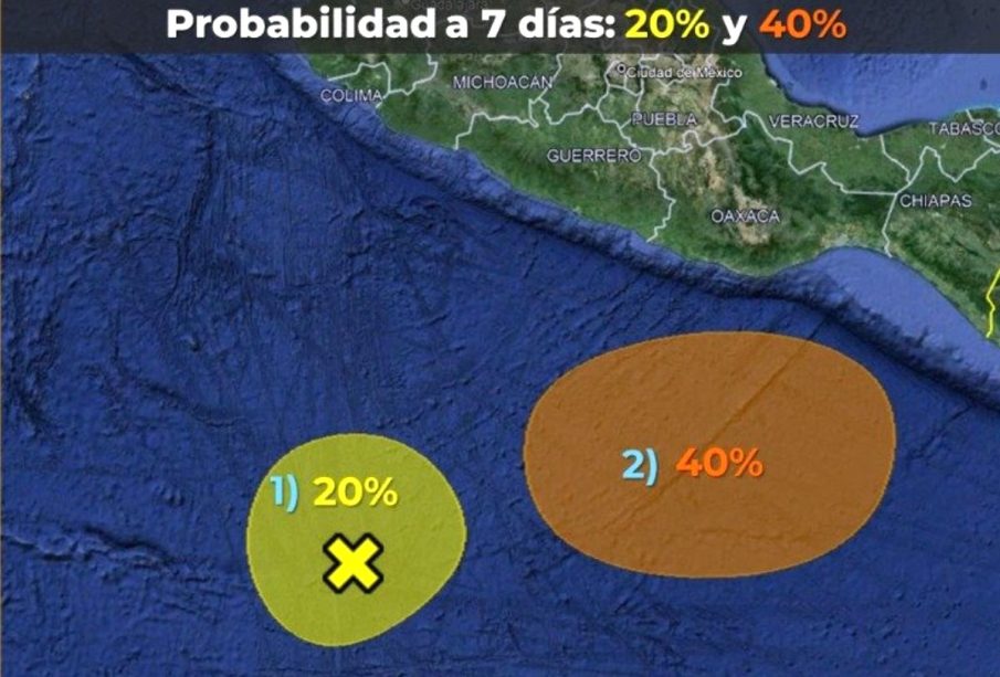 Mapa de dos zonas de baja presión en el Pacífico Mexicano