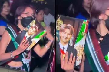 Chica con foto de RM de BTS vestido de presidente de México