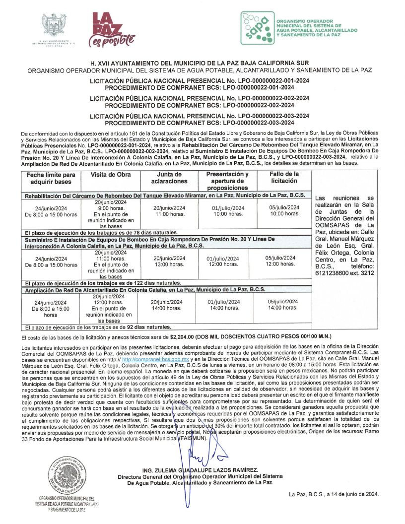 Convocatoria Oomsapas Obra Pública