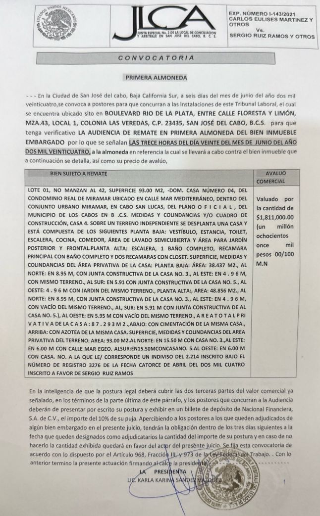 Convocatoria audiencia remate de inmueble embargado