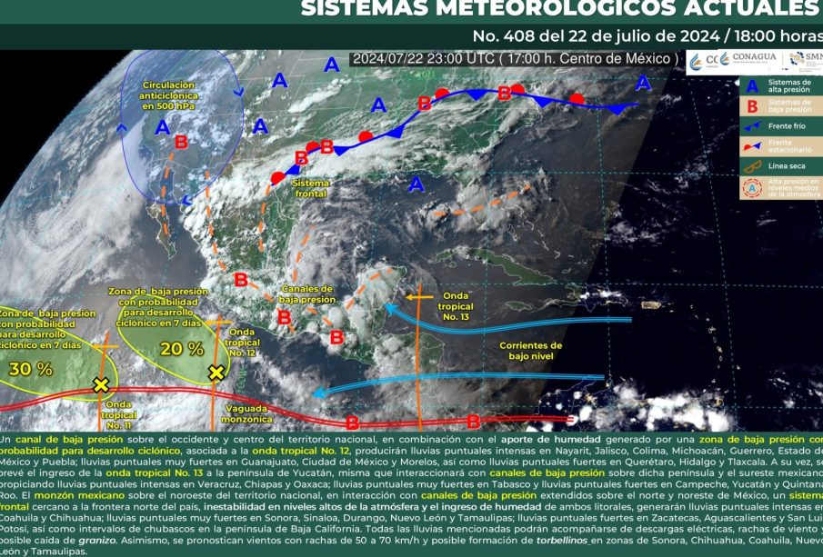 Ondas tropicales 12 y 13 generan lluvias en gran parte del país