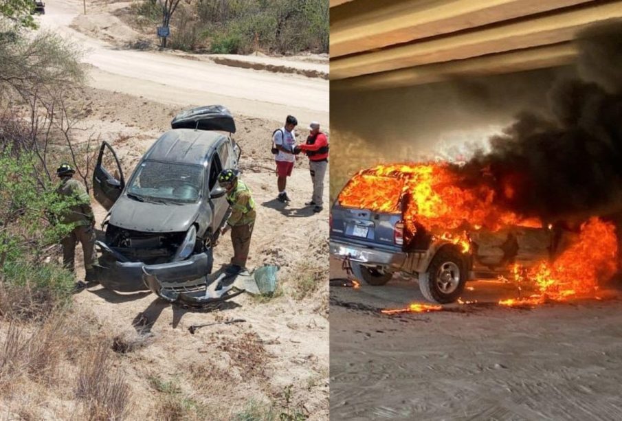 Alarma en Los Cabos Vehículo volcado y camioneta en llamas