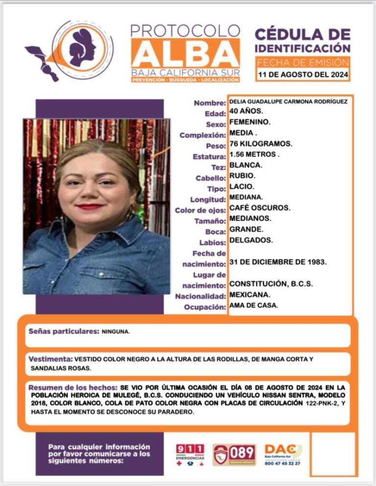  Buscan a Delia Guadalupe en Mulegé, podría estar en Ensenada 