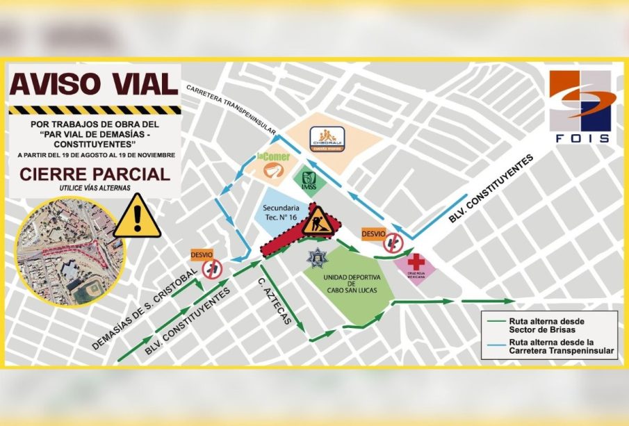 Mapa de cierre vial en Los Cabos