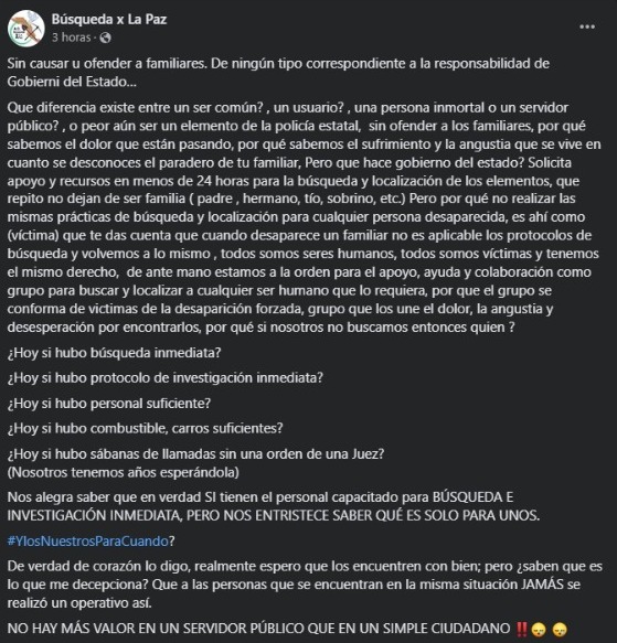 Reprocha Búsqueda X La Paz búsqueda de policías en Comondú