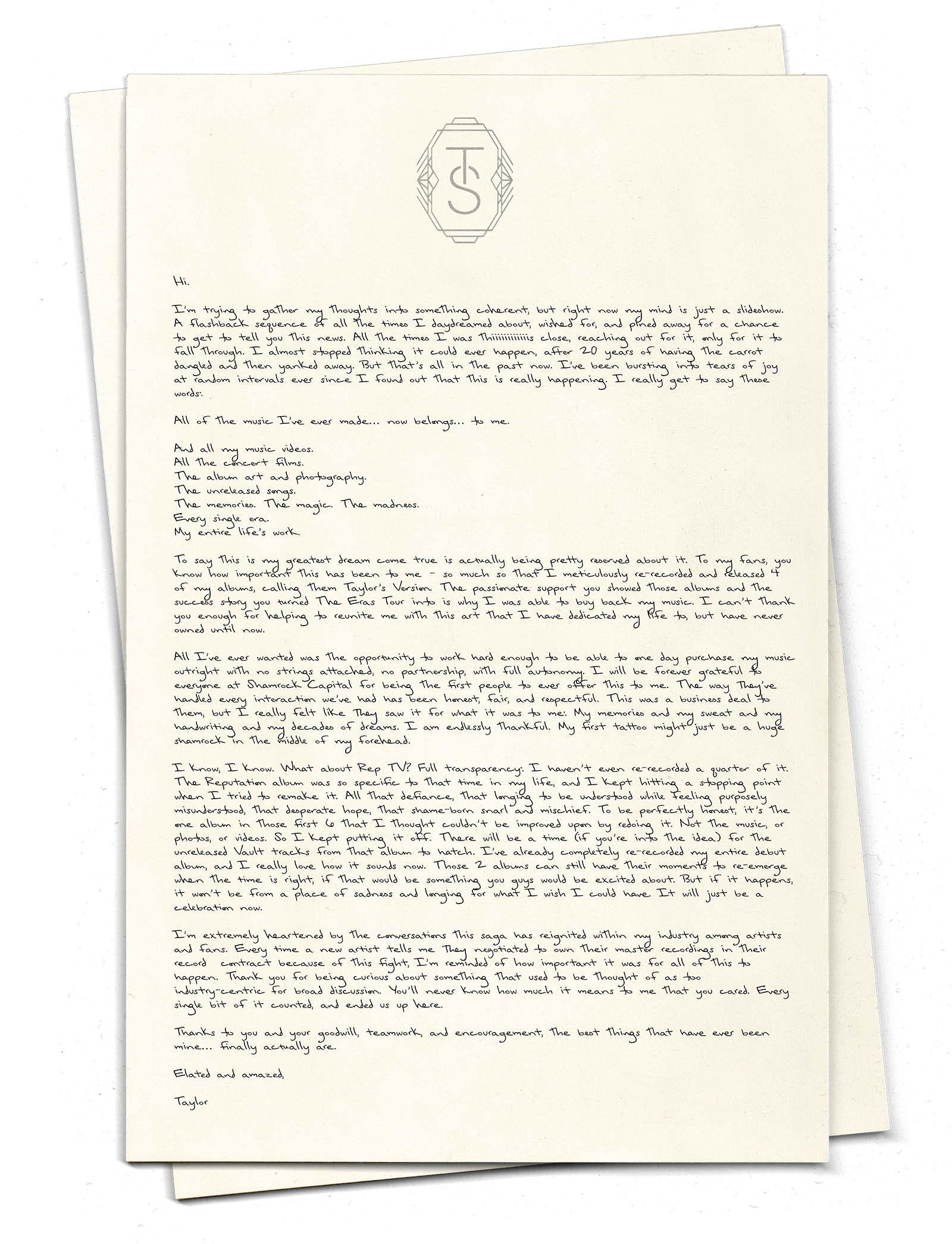 Carta que escribió Taylor Swift en su sitio web