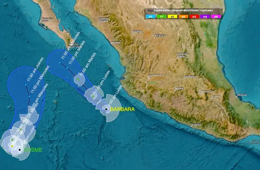 Los ciclones Bárbara y Cosme se mantienen activos en el Océano Pacífico, pero no representan un riesgo directo para Baja California Sur.
