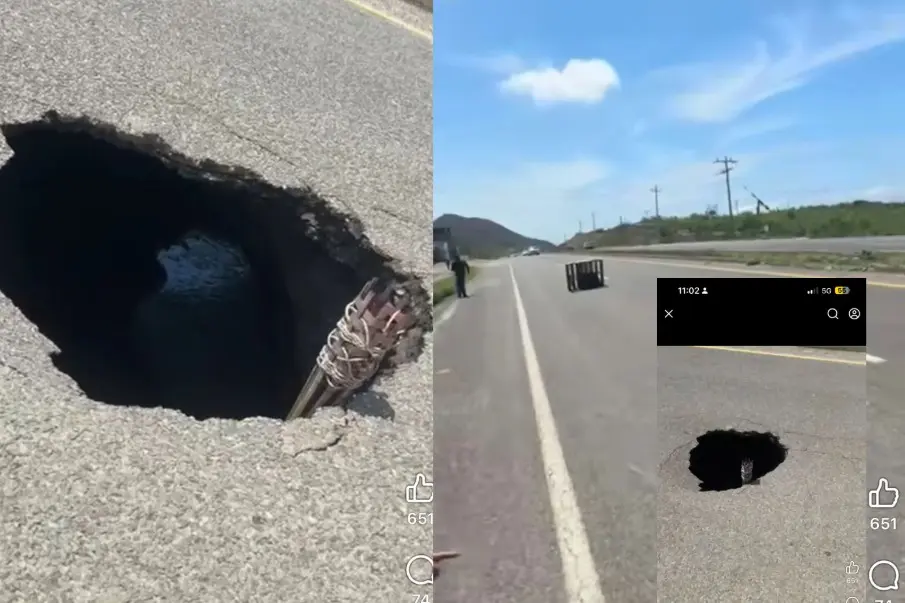 Reportan socavón en la carretera Transpeninsular rumbo a Cerritos