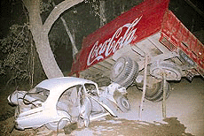 Twisted mass of metal is all that is left of the Ambassador car in which four persons died on the spot near Nabha Sahab village on the Zirakpur-Patiala highway on Saturday. 