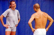 World No 1 Andre Agassai and his girlfriend Steffi Graf at Melbourne tennis centre have a break after working out in Melbourne Australia Thursday. Graf is in Melbourne to support her boyfriend Agassai in the upcoming Australian Open