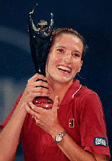 Croatian Silvija Talaja holds the trophy after defeating Spain's Conchita Martinez in the final of the Australian Women's Hardcourt Championships on the Gold Coast, Australia on Saturday