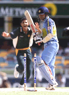 Sachin Tendulkar looks back at his middle wicket rests on the ground after Abdur Razzak clean bowles him in the India V Pakistan Day Night match in Brisbane on Monday