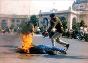 A youth commits self-immolation in front of the Uttar Pradesh Vidhan Sabha in Lucknow on Monday