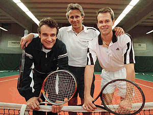 Swedish tennis greats, (from left) Mats Wilander, Bjorn Borg and Stefan Edberg pose for a photo prior to training matches at Stockholm's Allmanna Lawn Tennis Klubb in Sweden on Wednesday. They will meet in a round-robin tournament in Stockholm on Thursday