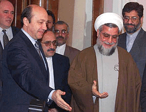 Russian Foreigh Minister Igor Ivanov welcomes Iranian Security Council Secretary Khasan Roukhani, right, prior to their meeting in Moscow, Thursday, Jan. 13, 2000. Ivanov and Roukhani discussed situation in the Northern Caucasus