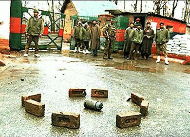 An unexploded indigenous explosive device (IED) lying outside the main gate of the Rashtriya Rifle headquarters after a militant attack in Anantnag on Thursday  PTI photo