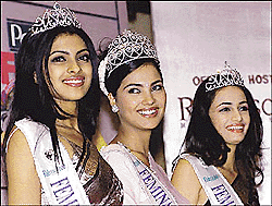 From left, Miss India World Priyanka Chopra, Miss India Universe Lara Dutta and Miss India Pacific Quest Diya Mirza at the Press conference in New Delhi on Monday.  PTI
