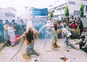 Students of Homoeopathic Medical College, Sector 26, burnt the effigies of the Principal, Secretary and president of the management outside the college in Chandigarh on Tuesday.