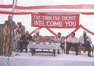 Mr S. D. Bhambri, General Manager, The Tribune, addresses the gathering at a function organised at Bathinda in connection with the opening of the sub-office on Tuesday. Mr O. P. Arora, Additional General Manager, The Tribune, Mr Jaspal Singh, Deputy Commissioner, Bathinda, are also seen in the picture