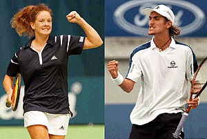 Patty Schnyder of Switzerland jubilates after her victory over last year's finalist Amelie Mauresmo of France and (Right) Nicolas Escude of France celebrates after his upset victory over Richard Krajicek of the Netherlands at the Australian Open Tennis championships in Melbourne on Wednesday