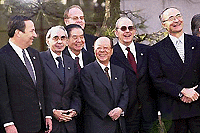 Finance Ministers and central bank governors from the Group of Seven share a smile during a group photo session at a garden in Mita House in Tokyo prior to the start of their meeting on Saturday