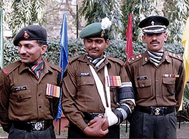 Riflemen Sanjay Kumar and Yogender Singh Yadav who will be awarded the Param Vir Chakra on the occasion of Republic Day at a press review in New Delhi on Saturday. On right is Capt Balwan Singh who will get the Maha Vir Chakra