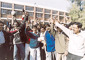 Students appearing for the Staff Selection Commission at the Government Model Senior Secondary School, Sector 21, Chandigarh, on Sunday protesting against mass copying at the centre. They boycotted the afternoon session examination.					       A Tribune photograph 