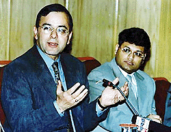 Union Information and Broadcasting Minister Arun Jaitley speaking at an interactive session with the members of Merchant Chambers of Commerce at Calcutta on Sunday. On his left is Chamber president Ravi Todi  PTI 