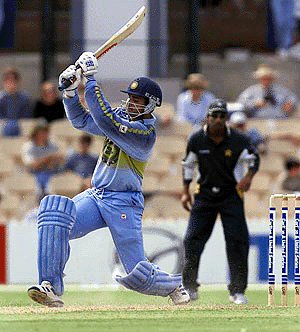 India's batsman Sourav Ganguly hits out during his innings of 141 runs in the tri-series one day international between India and Pakastan in Adelaide on Tuesday