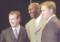 Hockey's Wayne Gretzky, left, basketball's Michael Jordan and football's John Elway pose after announcing the launch of their new web site, MVP.com, on Wednesday in Atlanta. The site will offer sports, fitness and outdoor gear and apparel.  AP/PTI