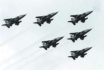 Six Jaguar fighter aircrafts of Indian Air Force flying past over the Rajpath during Republic Day Parade-2000 in New Delhi on Wednesday