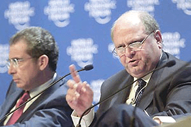  DAVOS : Mike Moore, right,  director general of the World Trade Organisation,  participates in a debate on globalization and free trade with Mexican President Ernesto Zedillo Ponce de Leon, during the World Economic Forum in Davos, Switzerland, Friday Jan. 28 , 2000. The assembled participants have gathered in this Swiss ski resort to debate economics in the 21st century. AP/PTI