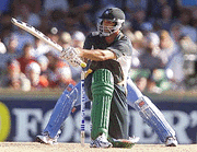 Wasim Akram of Pakistan plays a sweep shot over mid-wicket in the Pakistan vs India one-day match at the WACA in Perth, Australia on Friday