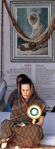 Congress president Sonia Gandhi at a prayer meeting on the occasion of Martyrdom Day at Sabarmati Ashram in Ahemdabad on Sunday