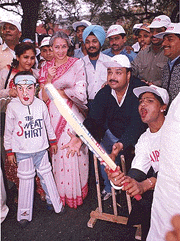 Film actress and socialite Nafisa Ali joins a group of Bhrashtachar Virodhi Morcha activists in New Delhi on Wednesday play a mock cricket match to demand a total revamp of the BCCI in view of the recent humiliating defeat of the Indian Cricket team in Australia. 