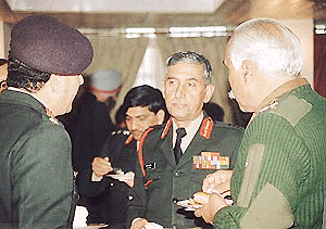 The Chief of the Staff, Western Command, Lieut-Gen B.S. Malik (centre), interacts with the Director of Military Farms, Western Command, Col P.K. Tikoo (left), and other officers on the occasion of the 111th anniversary of the Corps of Military Farms in Chandi Mandir on Wednesday.