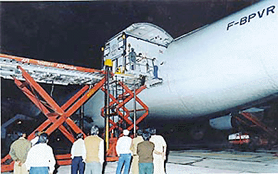 The Air-France cargo aircraft (AF 6741) being loaded with INSAT-3B and other equipment, packed in a special container and pellets, at Bangalore, before being airlifted to Kourou in French Guyana, on Tuesday night.  PTI 