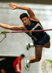 Ukrainian high jumper Sergei Bubka makes a jump during a track and field meet in Valencia on Wednesday after being out of competition for 17-months due to an injury