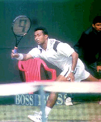 Lucknow: India's Leander Paes in action against Lebanon's Ali Hamadeh in the Davis Cup tie at the Gymkhana ground. Paes won 6-4, 7-5, 7-6 (7-3) 