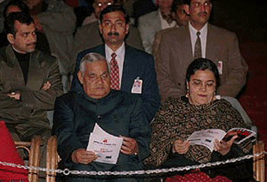 Prime Minister A. B. Vajpayee with his daughter at the light and sound show "The Fifty Day War", a tribute to Kargil war heroes directed by Aamir Raza Husain and Virat Husain organised by Welcome theater in New Delhi on Saturday night