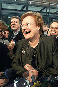 Finnish Foreign Minister and presidential candidate of the Social Democratic Party Tarja Halonen is all smiles while viewing the first results of the second round of Finnish presidential elections on Sunday, 06 February 2000. First results indicate Halonen beat her rival Esko Aho of the Centre Party to become the first female head of state ever in a Nordic country